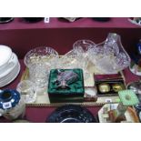 Cut Glass Basket, cut glass oval shaped bowl, vases, plated salts, etc:- One Tray