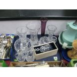 Cut Glass Pedestal Bowl, vases, cut glass bell:- One Tray
