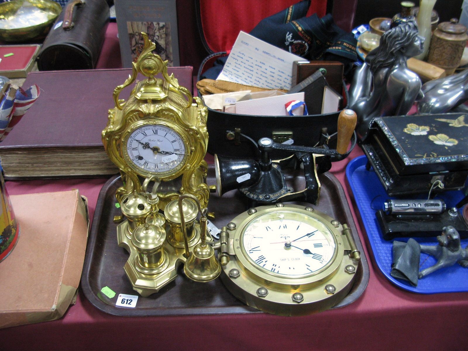 A French Ormolu Style Mantel Clock, brass condiment, ships clock, mincer, etc:- One Box