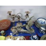 Silver Plated Exotic Birds, candelabra, spill vases, having hand supports, etc:- One Tray