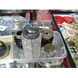 A Hallmarked Silver Topped Glass Mustard Jar, together with a spoon and two glass ink pots, etc.