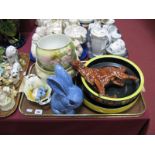 Sylvac Blue Pottery Rabbit No.1027, Doulton red setter (damaged), jardinieres, bowls, etc:- One Tray