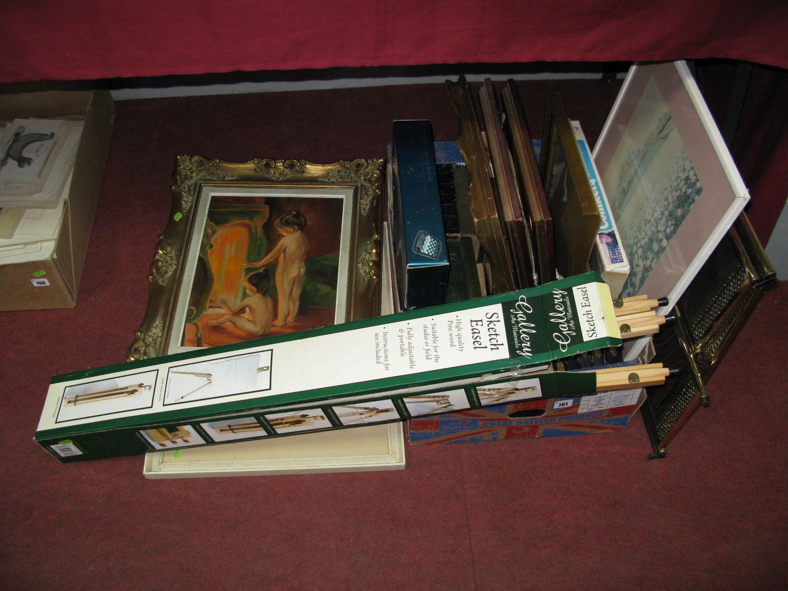 An Electronic Talking Chess Set, (boxed), a sketch easel, Dickens literature and other books,