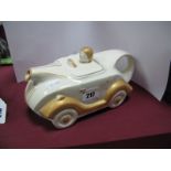 Art Deco Style Pottery Teapot, in the form of a racing car, with driver's head as lid finial, and