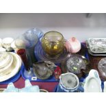 A Webb Amethyst Ribbed Circular Dish, Studio glass "bird" bowls, pink overlay powder bowl and cover,