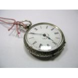 A Continental Cased Lady's Fob Watch, the white dial with black Roman numerals, within foliate