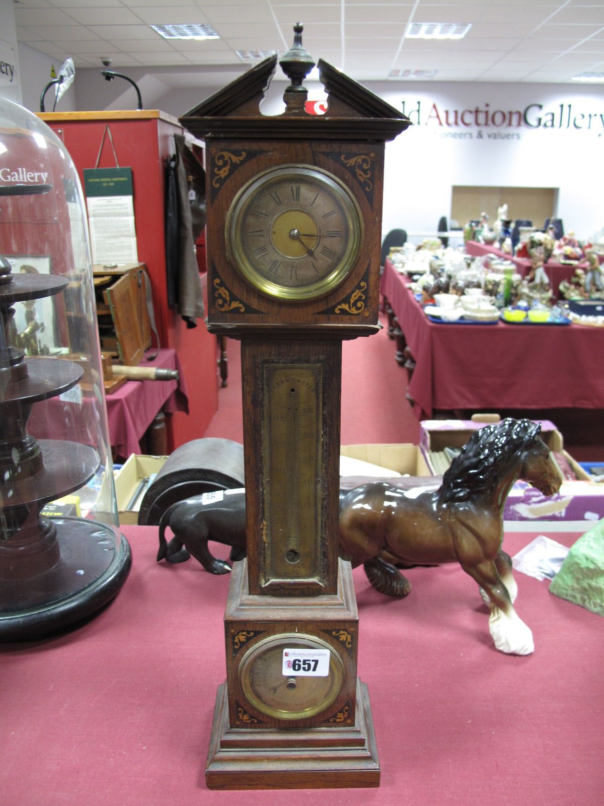 A Late XIX Century Rosewood Mantel Clock, formed as a miniature grandfather clock, broken pediment