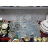 A Lead Crystal Basket Bowl, tapering vases, whisky decanter, crackle glass tea light holders and