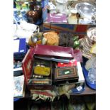 Machine Woven and Tasseled Covers, cased and loose cutlery, OXO tins, soft bodied "Pilot" bear,