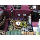 Oak and Barley Twist Candlesticks, ships wheel frame barometer, "Speaking Dog" money box, etc:-