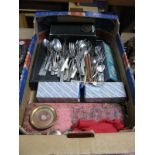 A Quantity of Cased and Loose Cutlery, cased carving set, fish knives and forks, plated flower vases