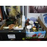 Candlesticks, prints, costume jewellery, soda syphon, ceramics, hen ornament, etc:- Two Boxes