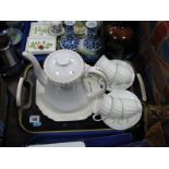 A Paragon "Elgin Blue" Coffee Pot, coffee cups and saucers, commemorative plate:- One Tray