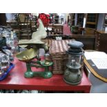 Thornton and France Hamper, Tilley lamp, scales and weights, brass eagle.