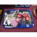 A Collection of Assorted Buttons, on cards; together with decorative shoe, needle case, needles,