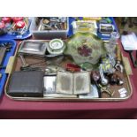 A Carnival Glass Dish, smokers pipes, postcards, cloisonné ashtray, AA car badge, etc:- One Tray