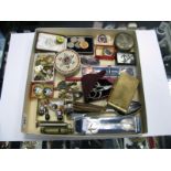 Enamel Golly Badges, assorted gent's cufflinks, coins, scissors in a case, 'Studs' pot, 'The Camping