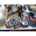 Oriental Plates, small blue and white vases, Buddha, satsuma figure, brass box, etc:- One Tray