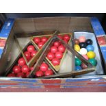 Two Full Sets of Snooker Balls, plus four wooden triangles.