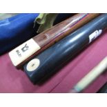 An Ash Snooker Cue, marked "Burnley Billiard Works - Exhibition Cue", plus another "Riley" two-piece