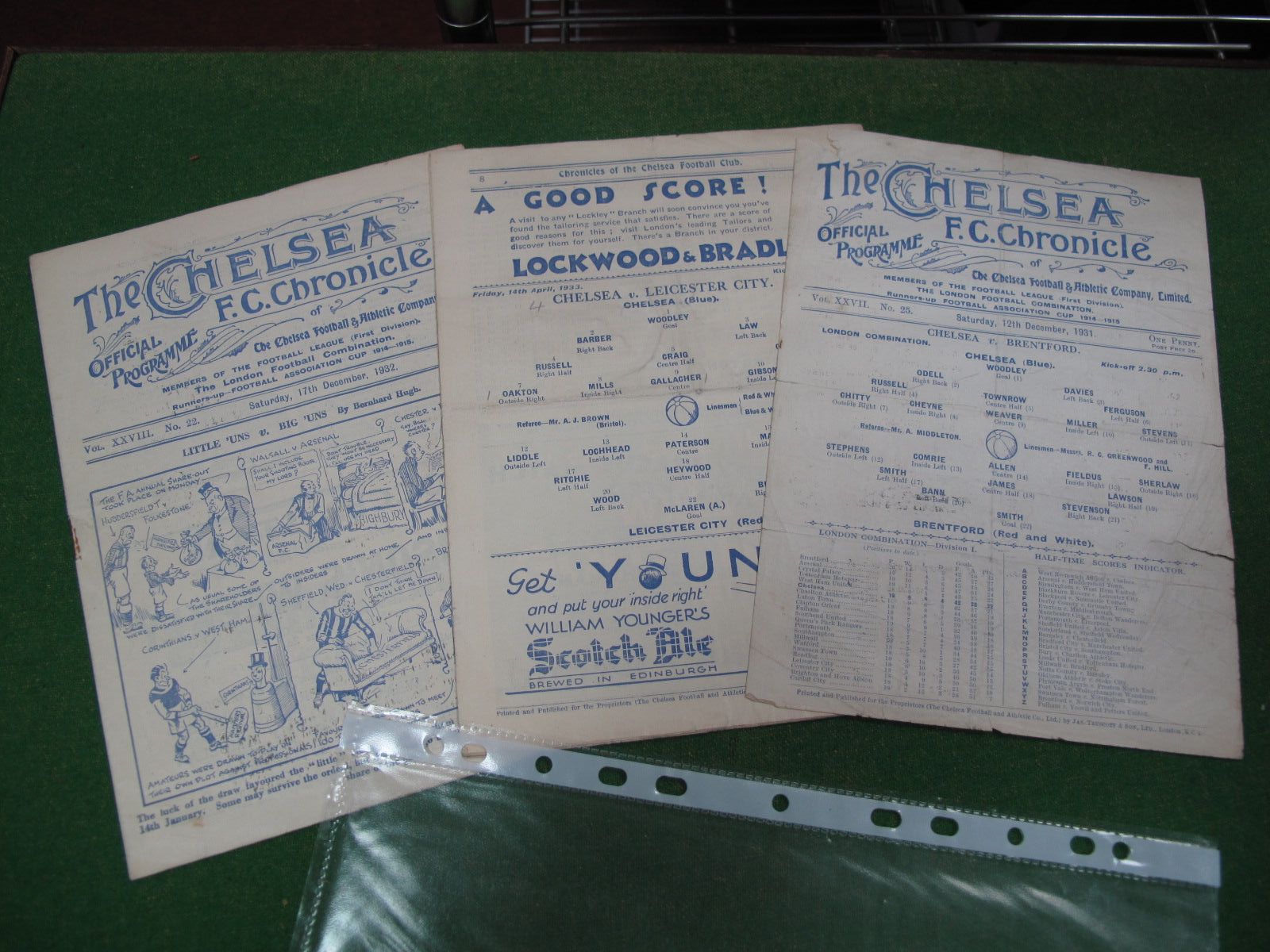 Chelsea Home Programmes, 1932-3 vs. Manchester City, Leicester (taped spine), 1931-2 Reserves vs.