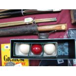 A Set of Three Ivory Billiard Balls, Fitzpatrick of Sheffield one piece snooker cue, in Burroughes &