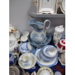 A XIX Century Blue and White Transfer Printed Fruit Bowl, similar jug and later tea ware of thirty-