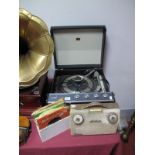 A HMV Model 2000 Portable Record Player and 45RPM records, GEC transistor.