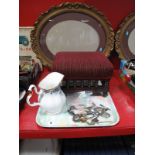 Cutlery, earrings, embossed belt buckle, Royal Albert "Moonlight Rose" jug, Edwardian footstool:-