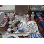 A Wedgwood Trinket Pot, thimbles, plates, XIX Century jugs, other ceramics, glassware:- One Tray