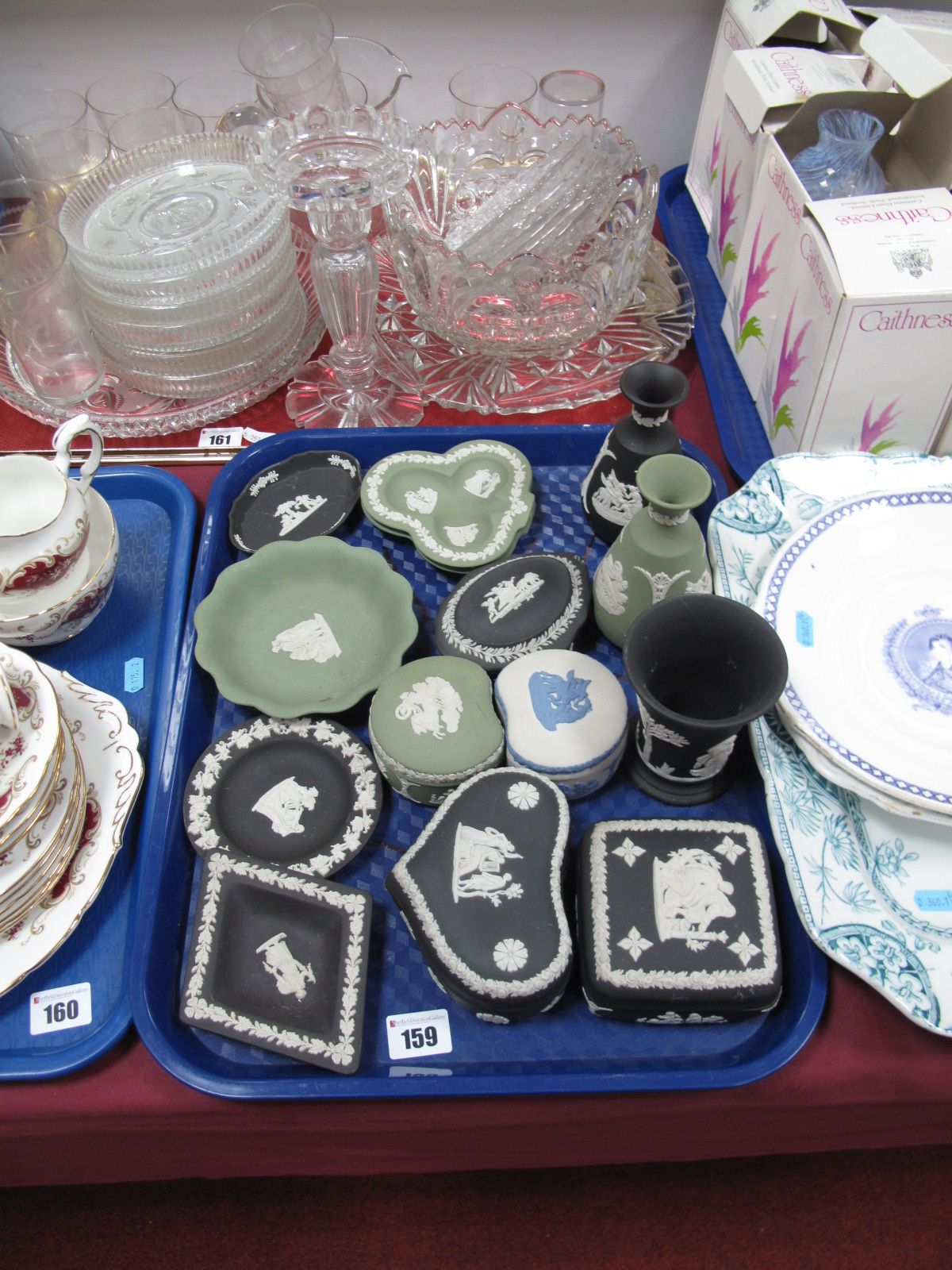 Wedgwood Jasperware Pottery, in green, black and white, including vases, heart and square trinket