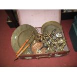 A Pair of Victorian Brass Candlesticks, horse brasses and martingales, Indian bras chargers,