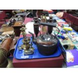 Oak and Brass Candlesticks, copper kettle, knife, lens:- One Tray