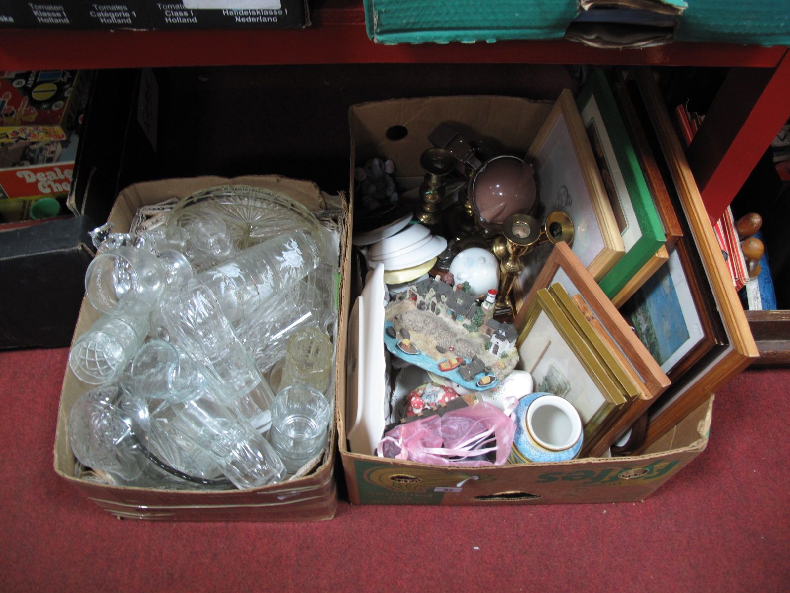 Prints, brass candlesticks, pottery and glassware:- Two Boxes