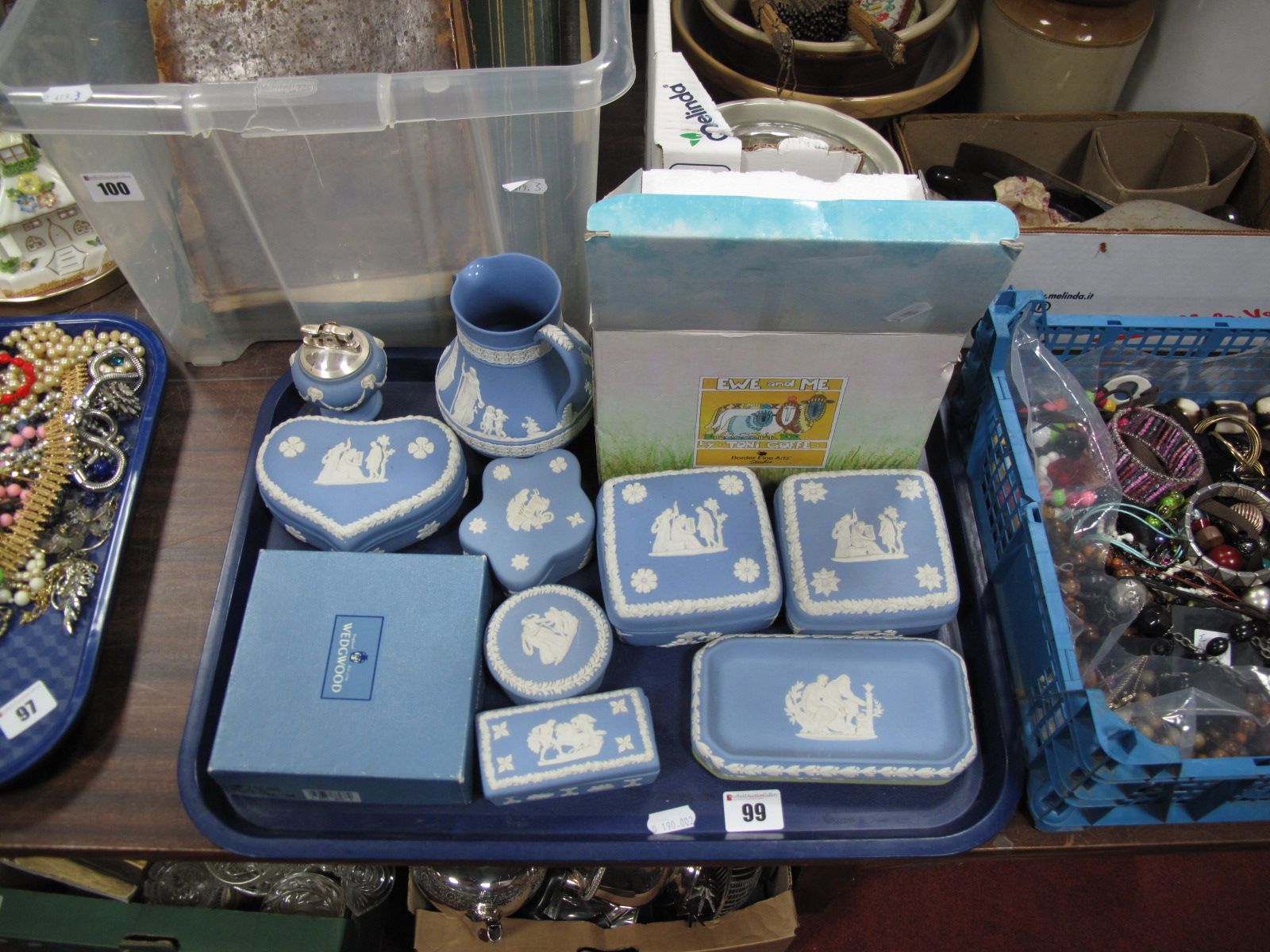 Wedgwood Traditional Blue and White Jasperware Pottery, including jug, square trinket boxes,