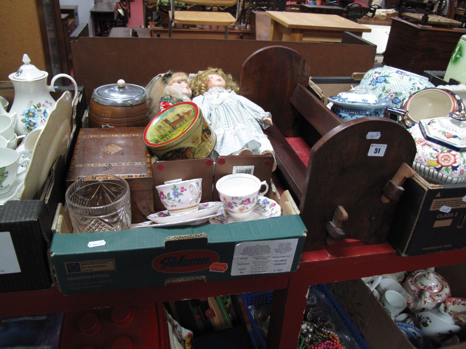 A Mahogany Box, with Tunbridge Ware banding, an oak biscuit barrel with plated lid and swing handle,