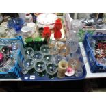 A Cut Glass Decanter, spill vases, other glassware, etc:- One Tray