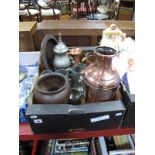 A Treen Mahogany Vase, with rimmed decoration, carved oak dish, XIX Century copper jug, pewter mugs,