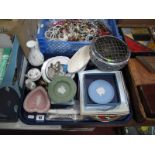 Wedgwood Jasper Plates, and Campion vase, rose bowl, cat ring holder, etc:- One Tray