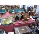 XIX Century Brass and Fruitwood Warming Pan, a pair of fire dogs, bevelled copper jug.