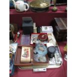 A Chesterman Tape, compacts, scales, lenses, door knockers, pipe, hardwood box, etc:- One Tray