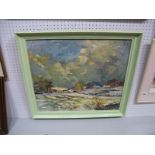 A Mid XX Century Oil on Board, depicting snowy rural scene with distant township, signed