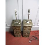 A Pair of Granite Table Lamps, with moulded edge on square shaped bases, with chrome inserts.