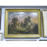 XIX Century Oil on Canvas, view of church and cottage with figures in foreground, 44 x 59.5cms, re-