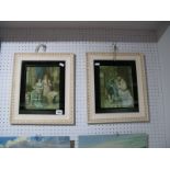 A Pair of Glass Pictures, each depicting figures within indoor period setting, in painted frames. (