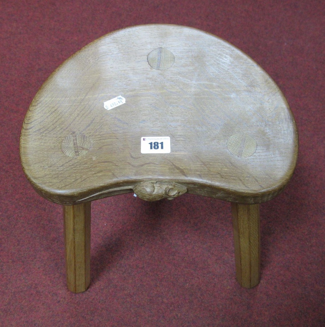 Mouseman; Robert Thompson of Kilburn Oak Stool, with carved mouse to kidney shaped top, on three