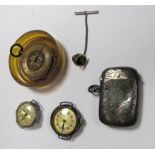 A Hallmarked Silver Vesta Case, together with a lady's fob watch (damages), two wristwatch heads (no