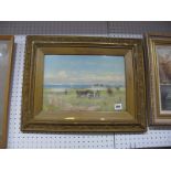 F. W. Hayes, Oil Painting, coastal cottage scene with figure and cattle in foreground, 24 x 34.5cms,