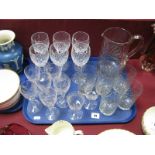A Set of "Edinburgh" Cut Glass Wine Glasses, a set of six Stuart glasses, water jug, etc:- One Tray