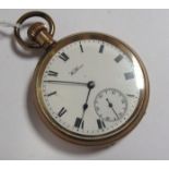Waltham; A Gold Plated Cased Openface Pocketwatch, the signed dial with black Roman numerals and